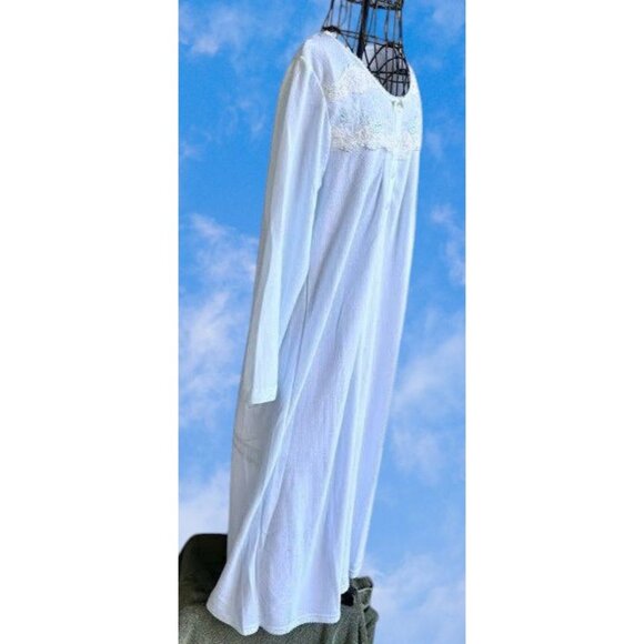 Miss Elaine Maxi Nightgown Small Blue Fleece Embroidered Flowers Lace Buttons - Picture 5 of 12